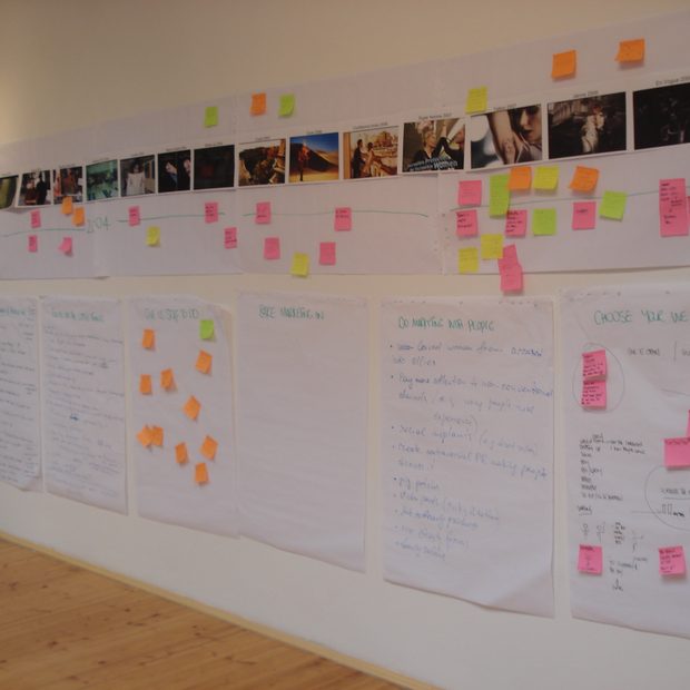 A workshop wall covered in method work